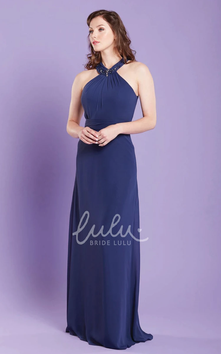 Long Chiffon Bridesmaid Dress with Beaded Scoop-Neck in Sheath Style