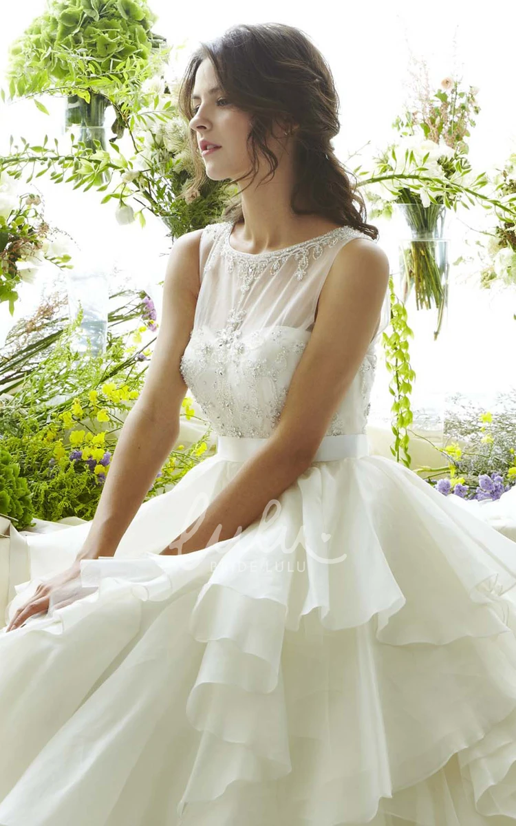 Organza Cascading-Ruffle Wedding Dress with Illusion Back and Beading A-Line Sleeveless