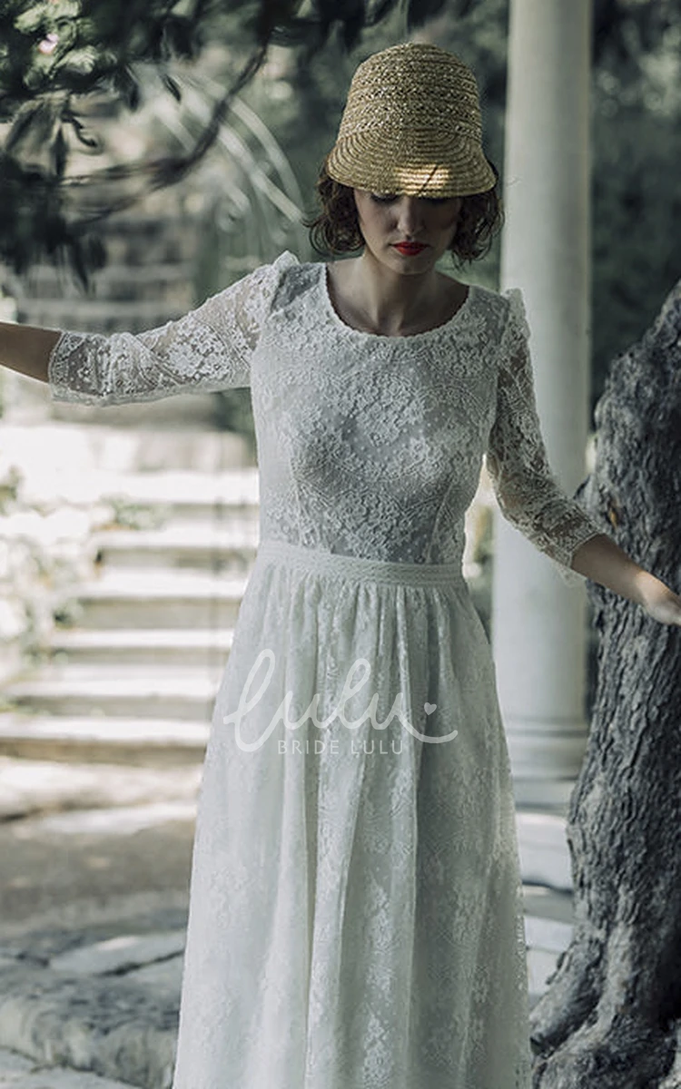 Tea-length Vintage Lace Wedding Dress with V-back and Scoop Neck