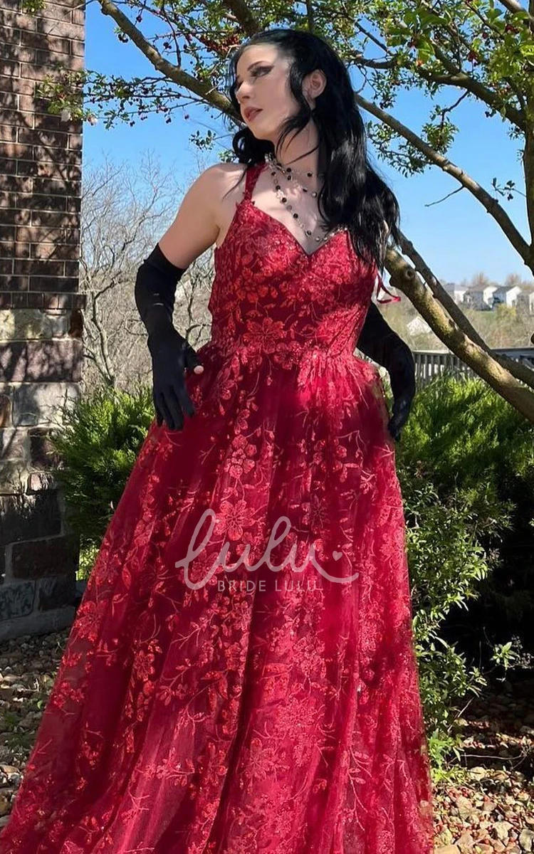 Boho Lace A-Line Prom Dress with Appliques and Spaghetti Straps