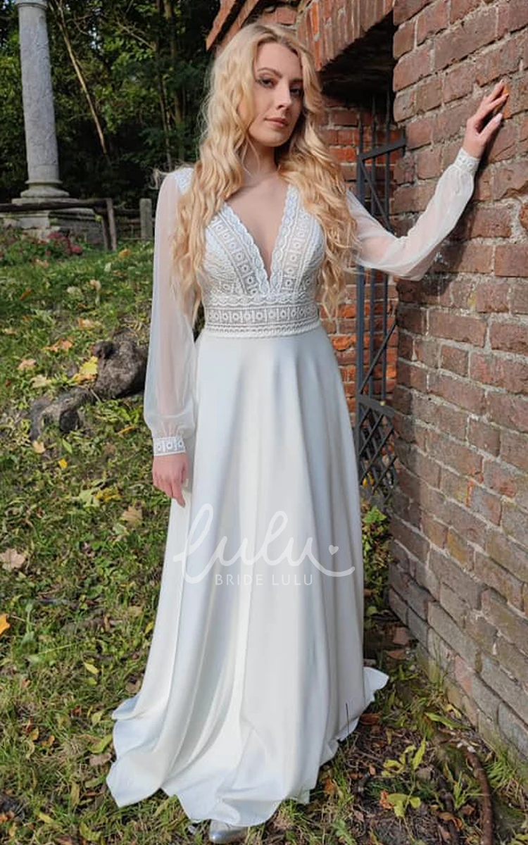 A-Line Satin Wedding Dress with Poet Long Sleeves and Zipper Back Romantic Satin Wedding Dress