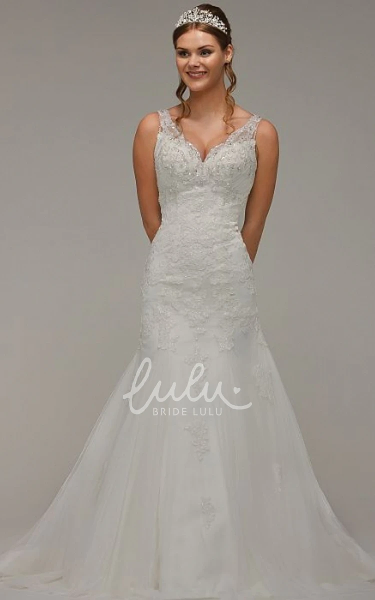 Sleeveless V-Neck Lace and Tulle Wedding Dress with Appliques Unique Bridal Gown