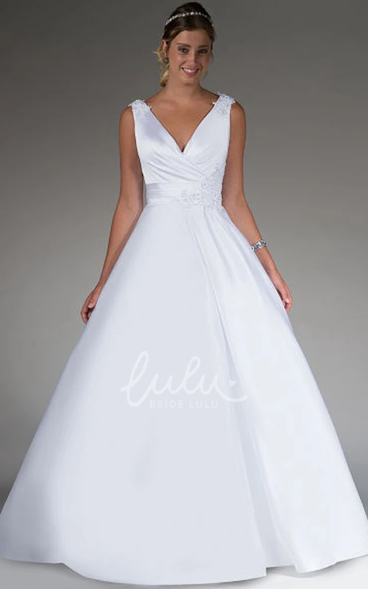 Satin Appliqued V Neck Wedding Dress Ball Gown