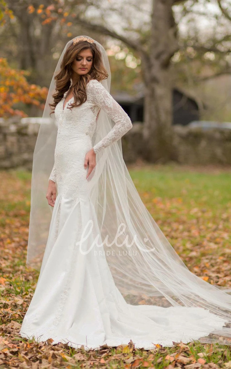 Long Sleeve Lace Satin Dress with Beading and V-Neckline Wedding Gown