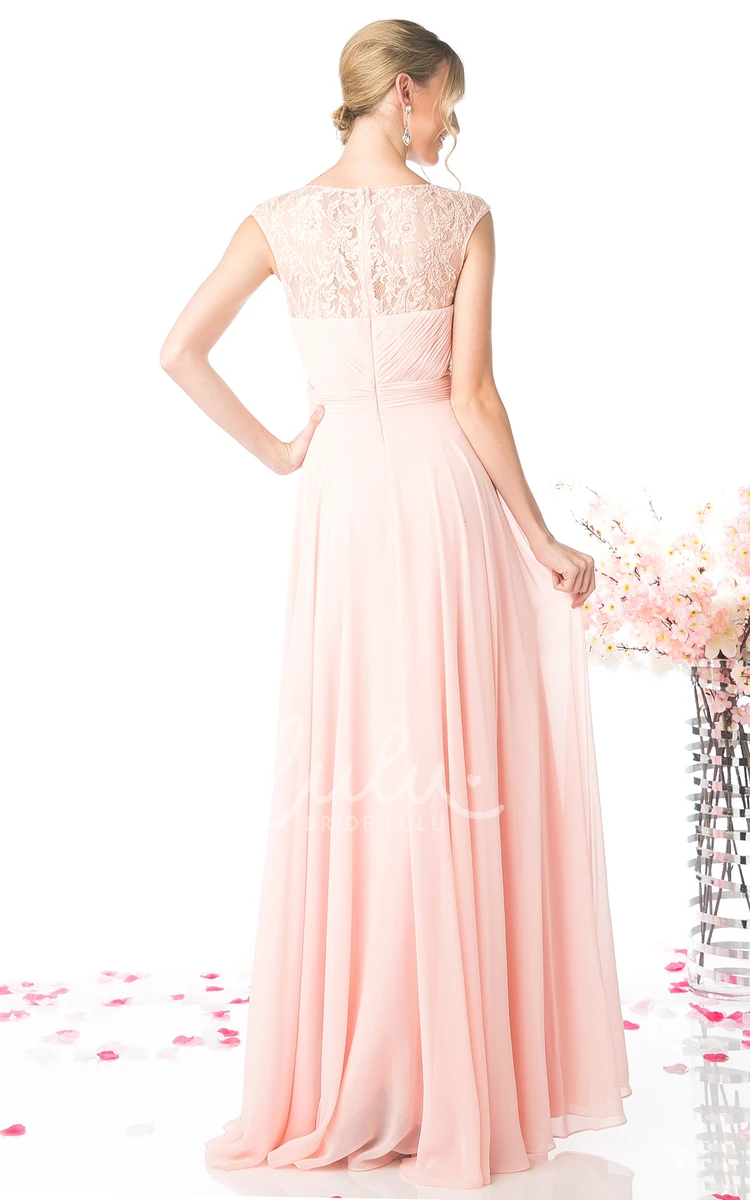 Lace Cap-Sleeve A-Line Chiffon Formal Dress with Pleats
