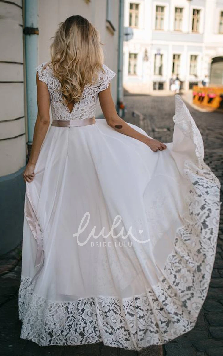 Romantic Bateau Chiffon and Lace Wedding Dress Short Sleeve