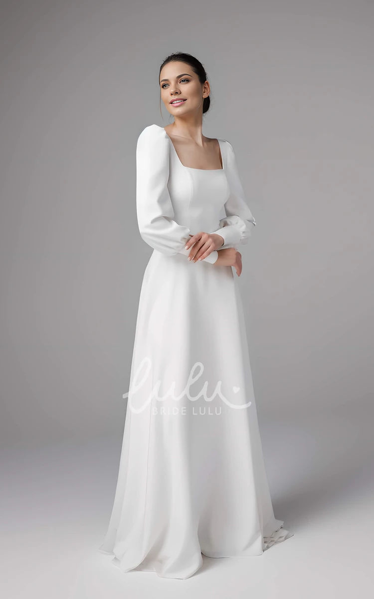 Modern Simple A-Line Puff Long Sleeve Maxi Wedding Dress Elegant Casual Square Neck Low Back Sweep Train Bridal Gown