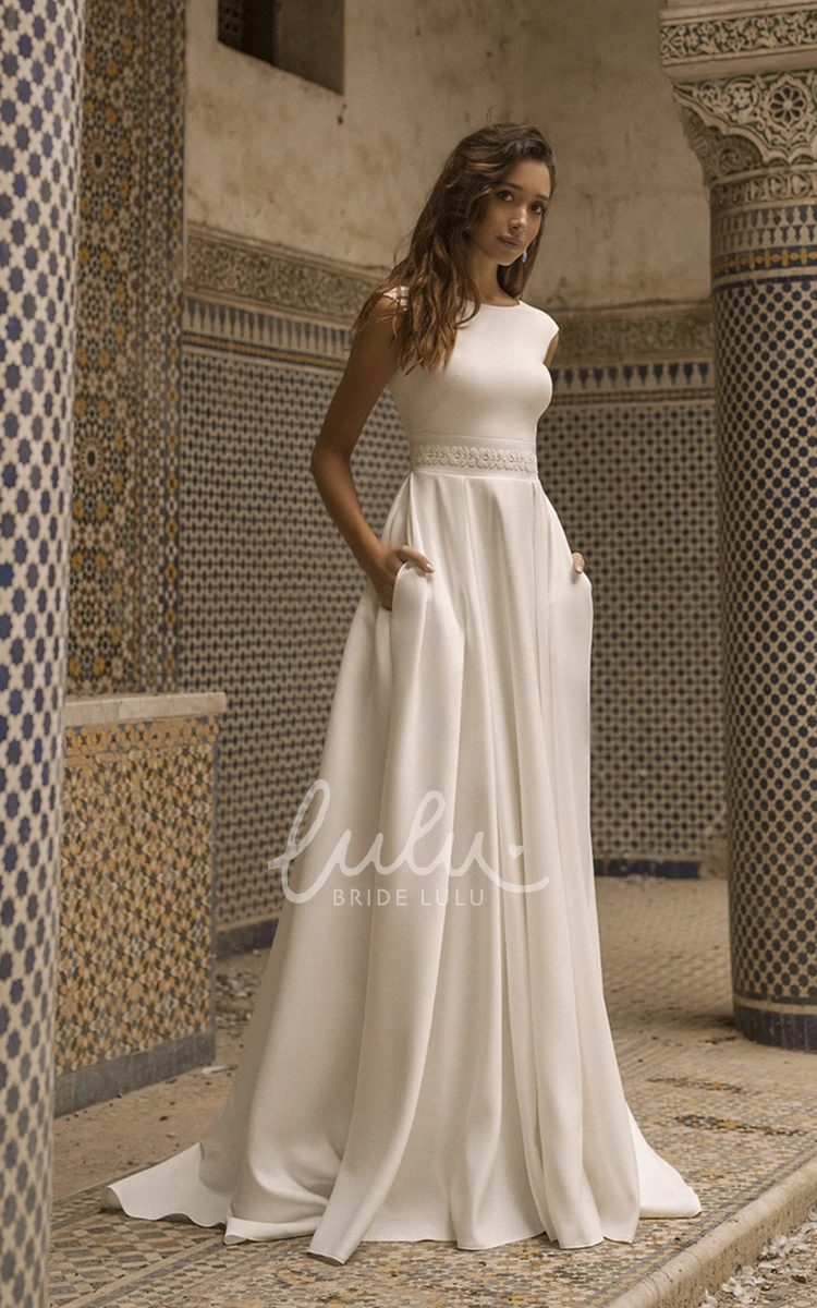 Elegant Satin Cap Sleeve Bateau Wedding Dress with V-back and Sash