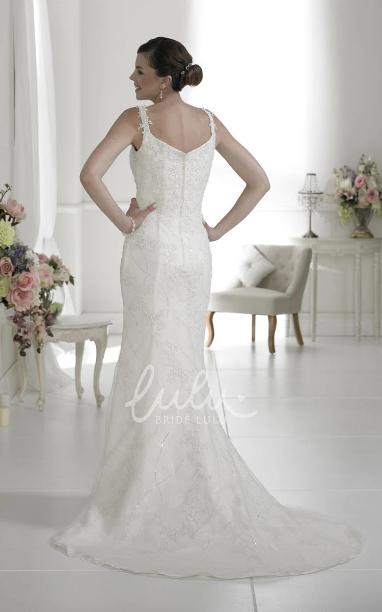 Floor-Length Lace Wedding Dress with Low-V Back and Sweep Train A-Line Sleeveless Appliqued