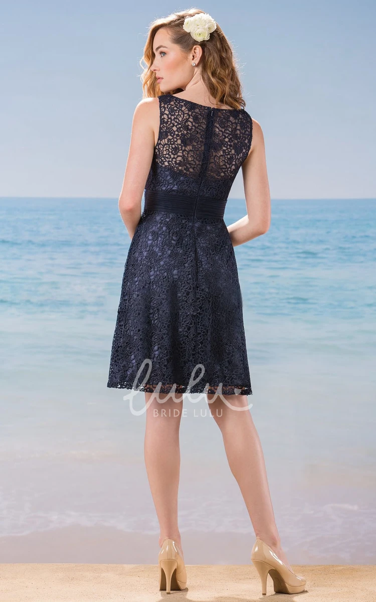 Short A-Line Lace Bridesmaid Dress with Illusion Back and V-Neck Unique Prom Dress