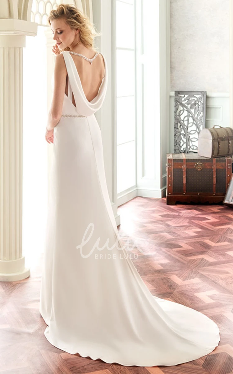 Satin V-Neck Wedding Dress with Jeweled Waist and Brush Train Floor-Length