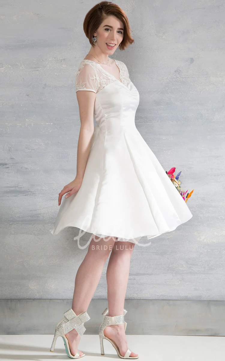 V-Neck Satin Cap-Sleeve Wedding Dress with Appliques and Illusion Classy Bridal Gown