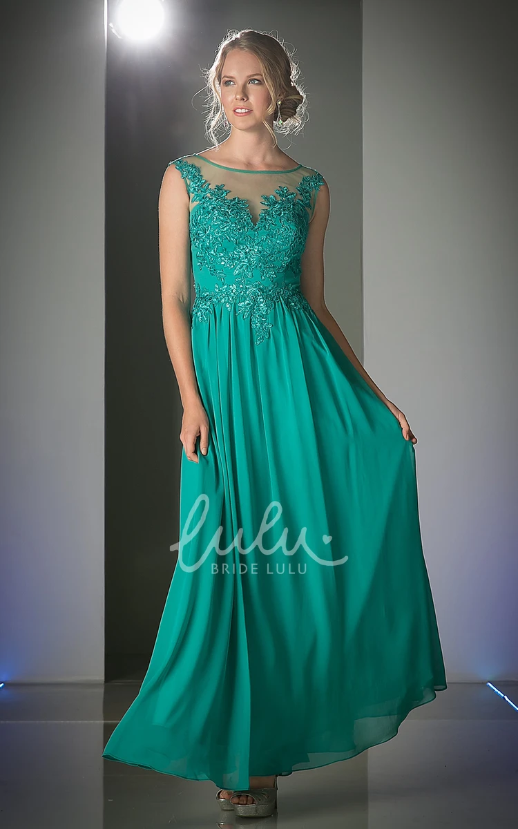 Scoop-Neck Sleeveless Sheath Dress with Appliques and Illusion in Chiffon Fabric