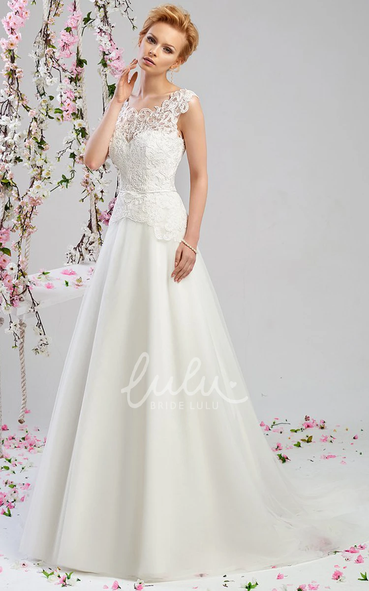 Cap-Sleeve Satin&Lace A-Line Wedding Dress Bateau-Neck