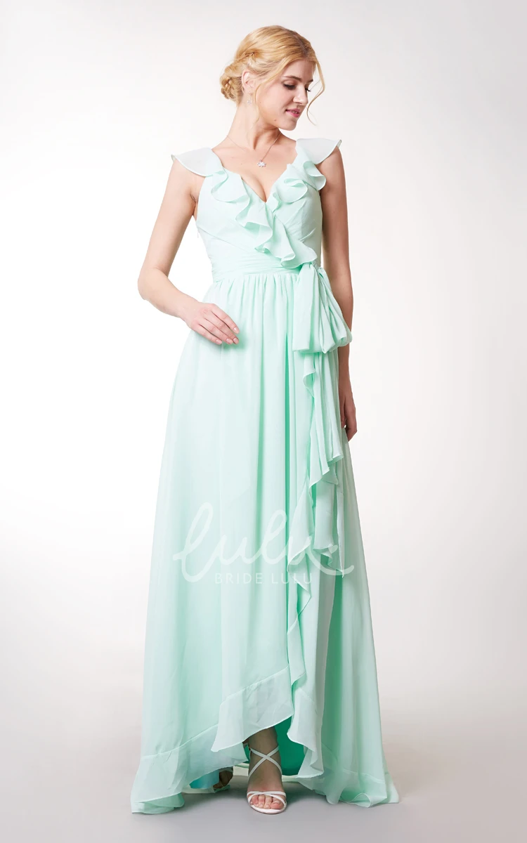 Asymmetric Ruffled Chiffon Bridesmaid Dress with Cap Sleeves and Sash