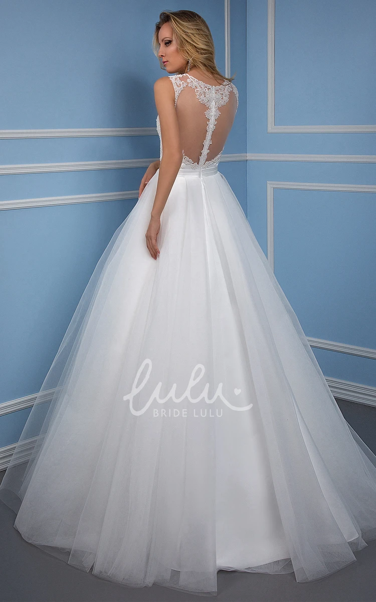 Appliqued Scoop Tulle Wedding Dress with Illusion Back Maxi Ball Gown