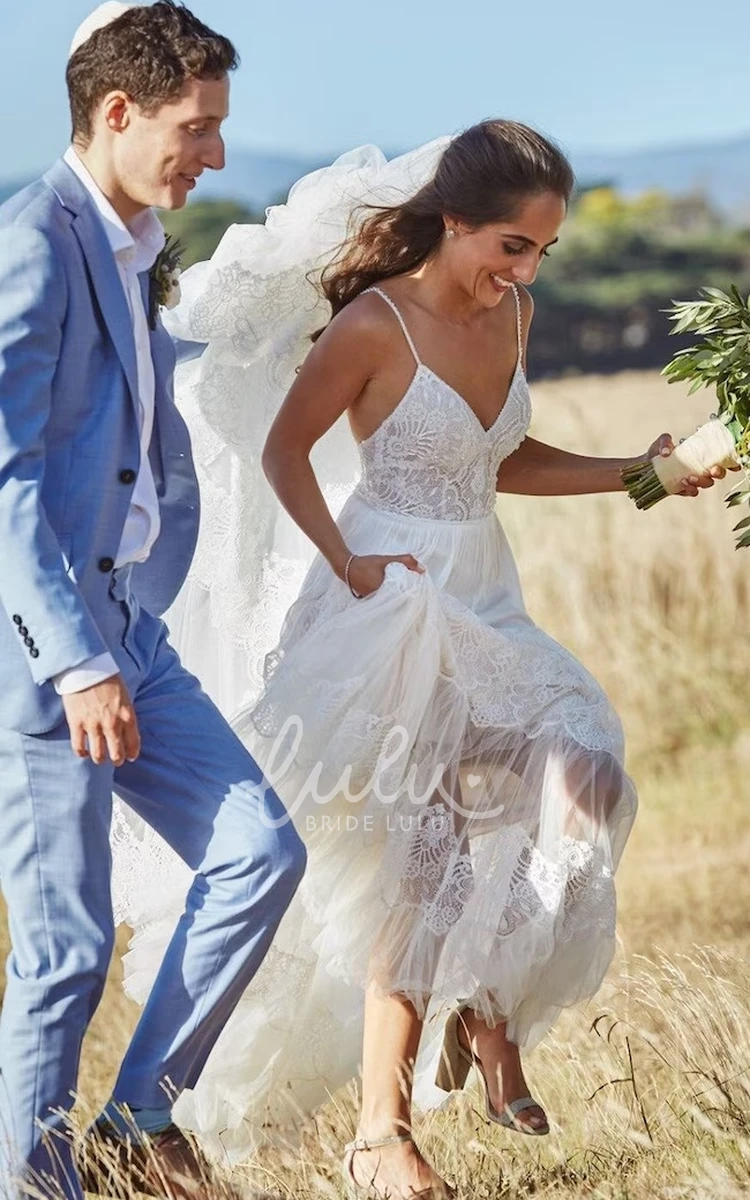 Rustic Beach A-Line Boho Floral Lac E Wedding Dress Sexy Country Forest Spaghetti Straps Backless Tiered Bridal Gown