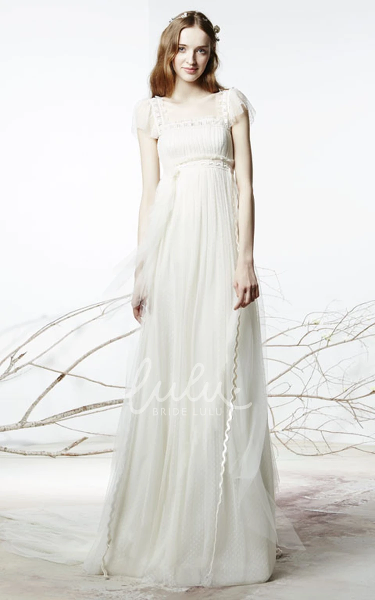 Poet Sleeve Empire Tulle Wedding Dress Square Neckline Sheath Bridal Gown