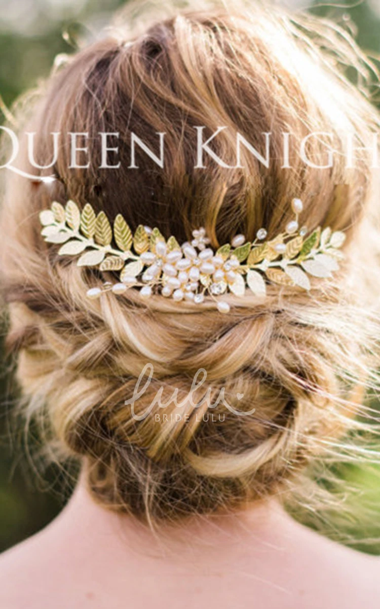 Western Style Pearl Rhinestone Gold Leaf Hair Comb for Bridal Hairstyles