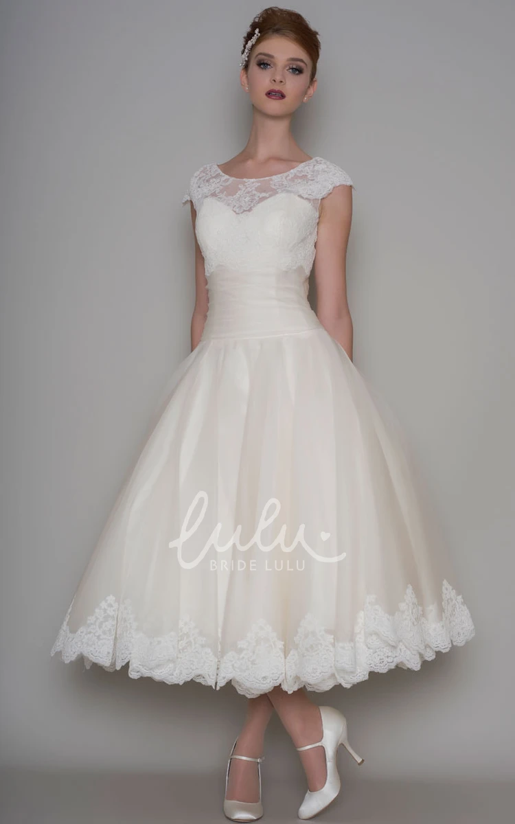 Cap Sleeve Tea-Length A-Line Tulle Wedding Dress for Women