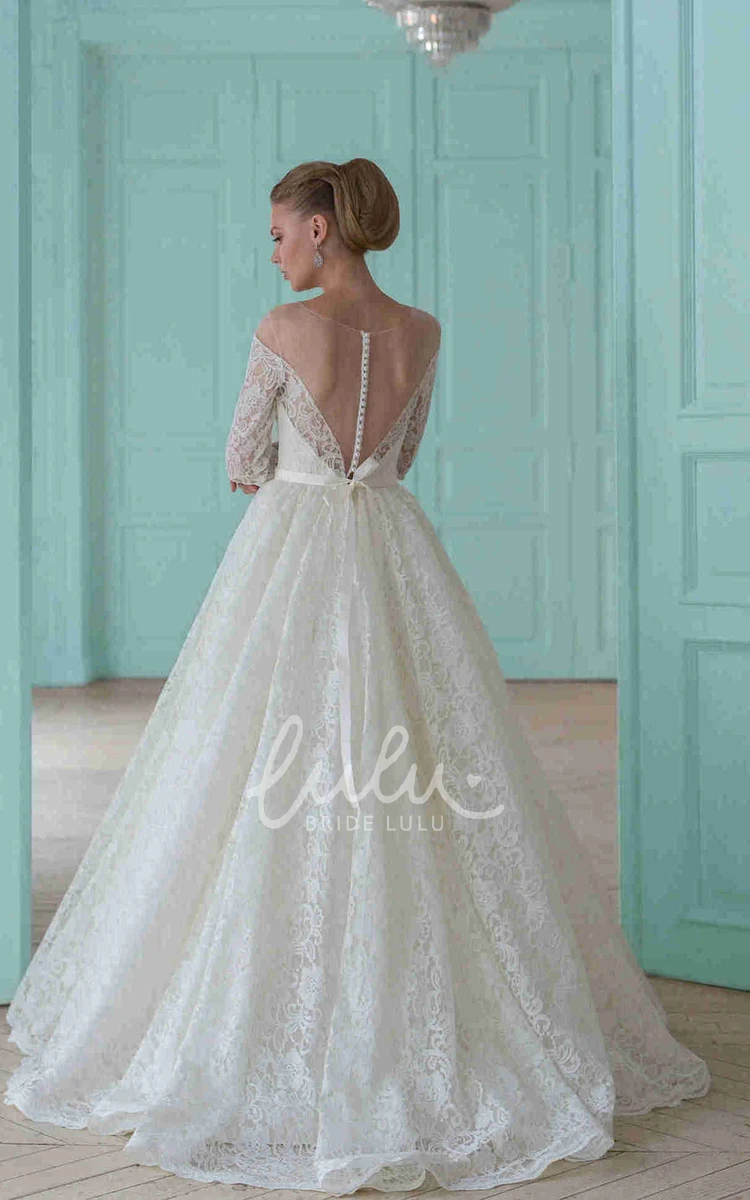 Long-Sleeve Scoop-Neck Lace Ball Gown Wedding Dress with Waist Jewellery and Illusion Unique Bridal Gown