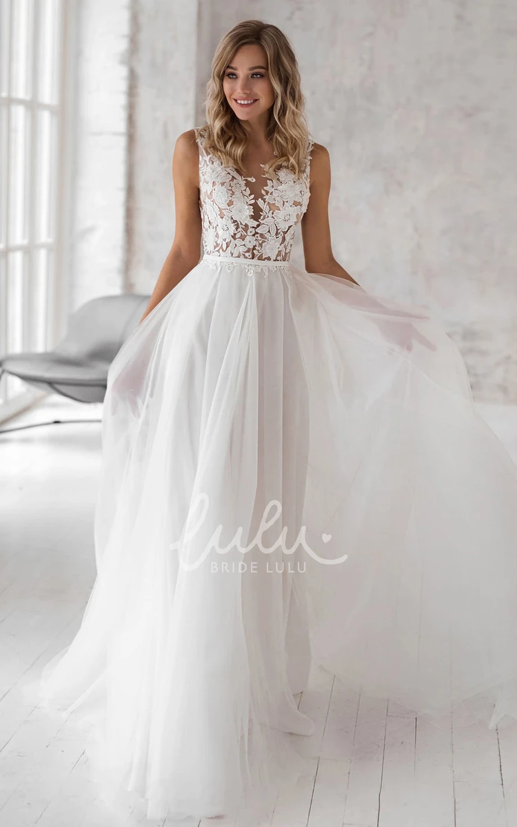 Romantic Lace Tulle V-neck Wedding Dress with Appliques A-line Sweep Train
