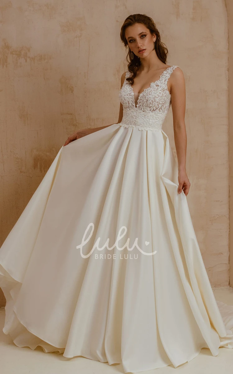 Satin Lace A-Line Wedding Dress with V-Neck Short Sleeves & Sweep Train