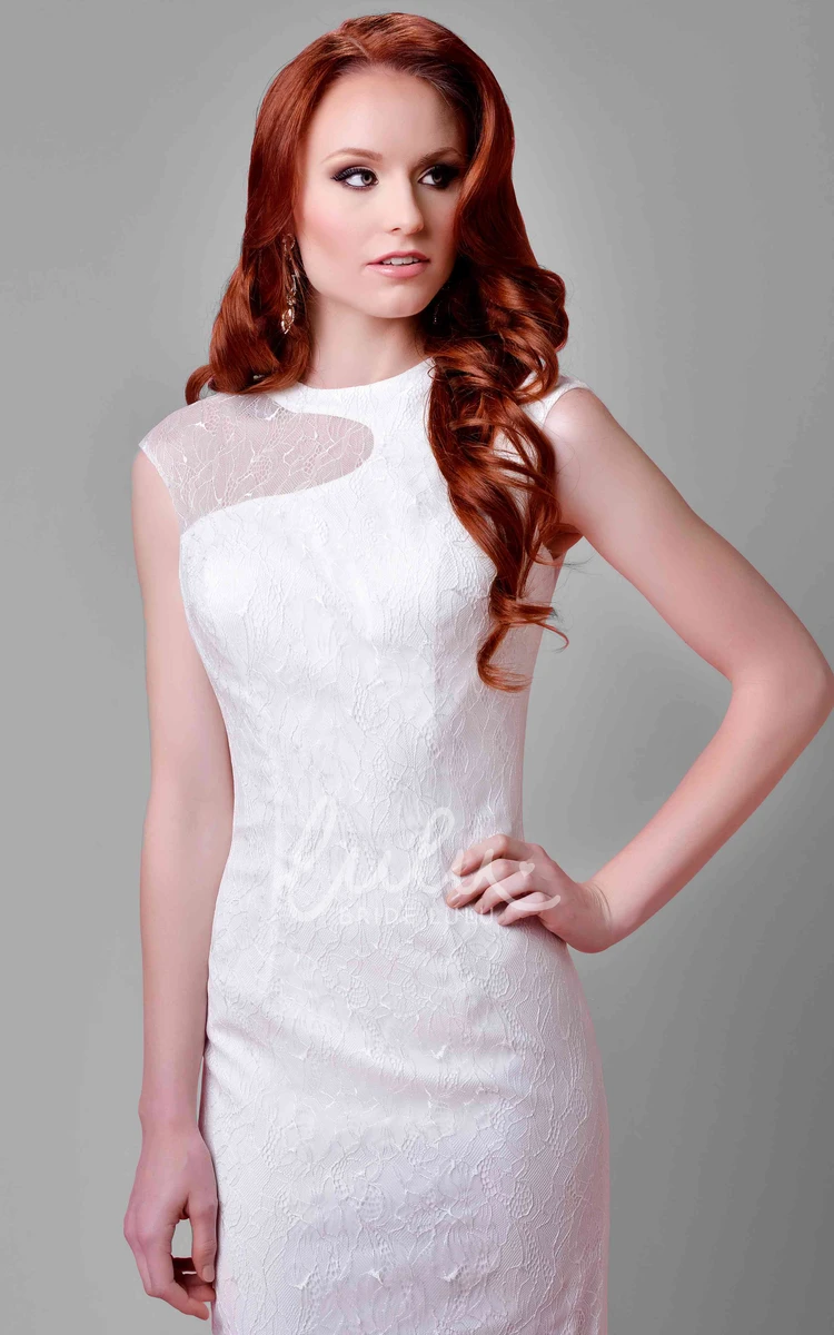 Cap Sleeve Lace Sheath Wedding Dress with Illusion Neckline Elegant Bridal Gown