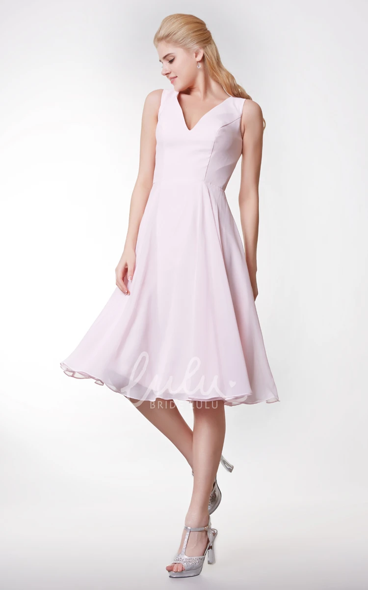 V-neck Tea Length Bridesmaid Dress Simple & Elegant