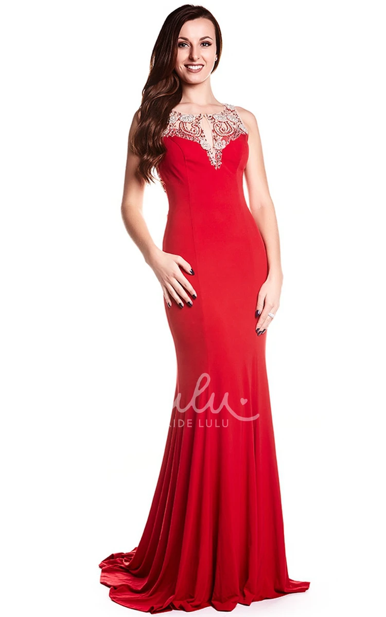 Sleeveless Sheath Chiffon Prom Dress with Beading Scoop Neckline and Brush Train