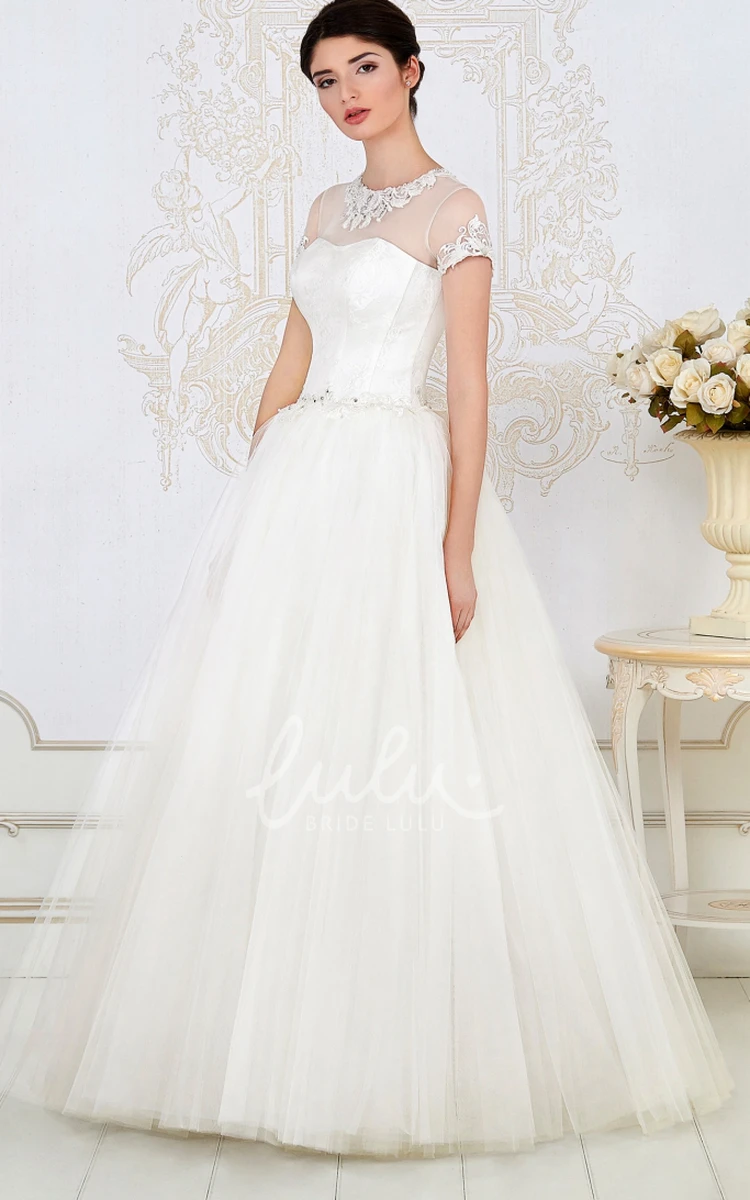 Embroidered Tulle A-Line Wedding Dress High-Neck Short-Sleeve Pleats