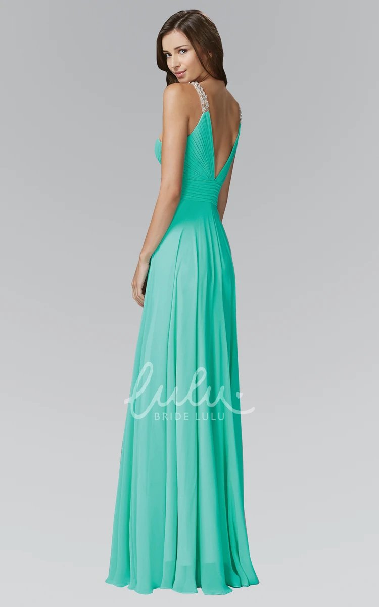 Chiffon A-Line Deep-V Back Formal Dress with Beading and Pleats