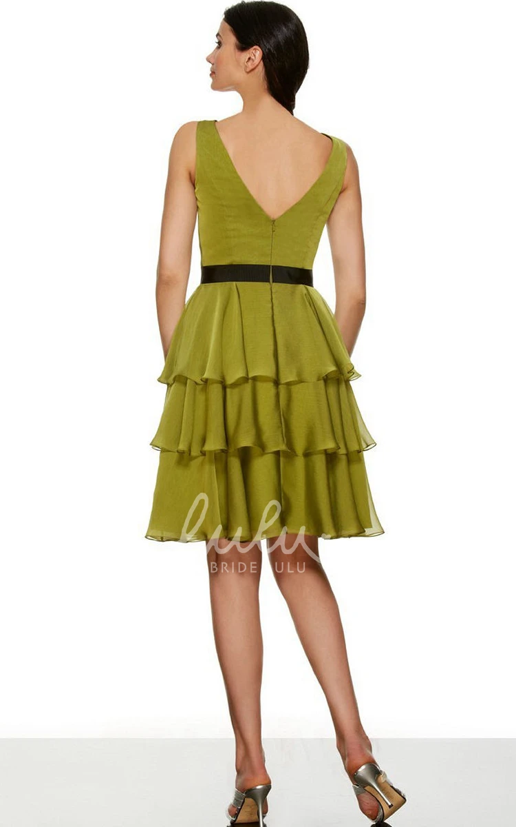 Sleeveless Chiffon Ruched Bridesmaid Dress with V-Neck Short A-Line
