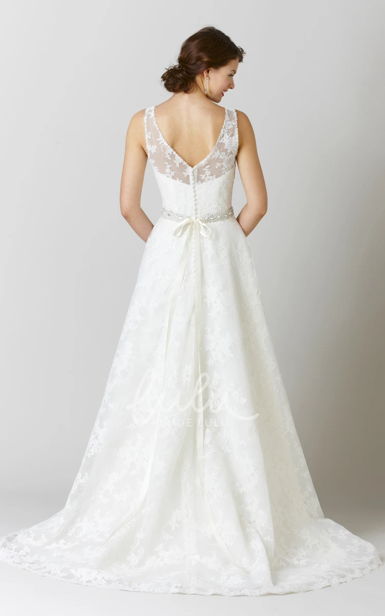 Bateau Lace A-Line Wedding Dress with Low-V Back Sleeveless