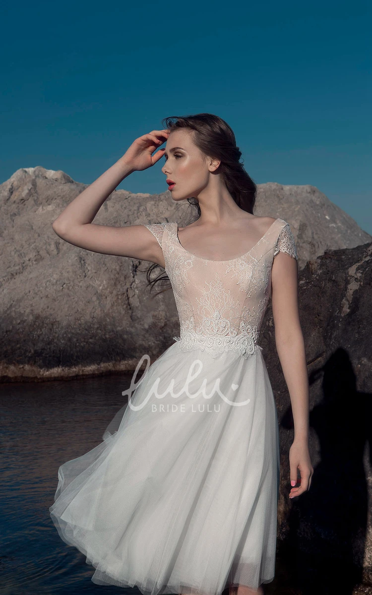 Illusion Tulle Lace A-Line Knee-Length Wedding Dress with Cap Sleeves