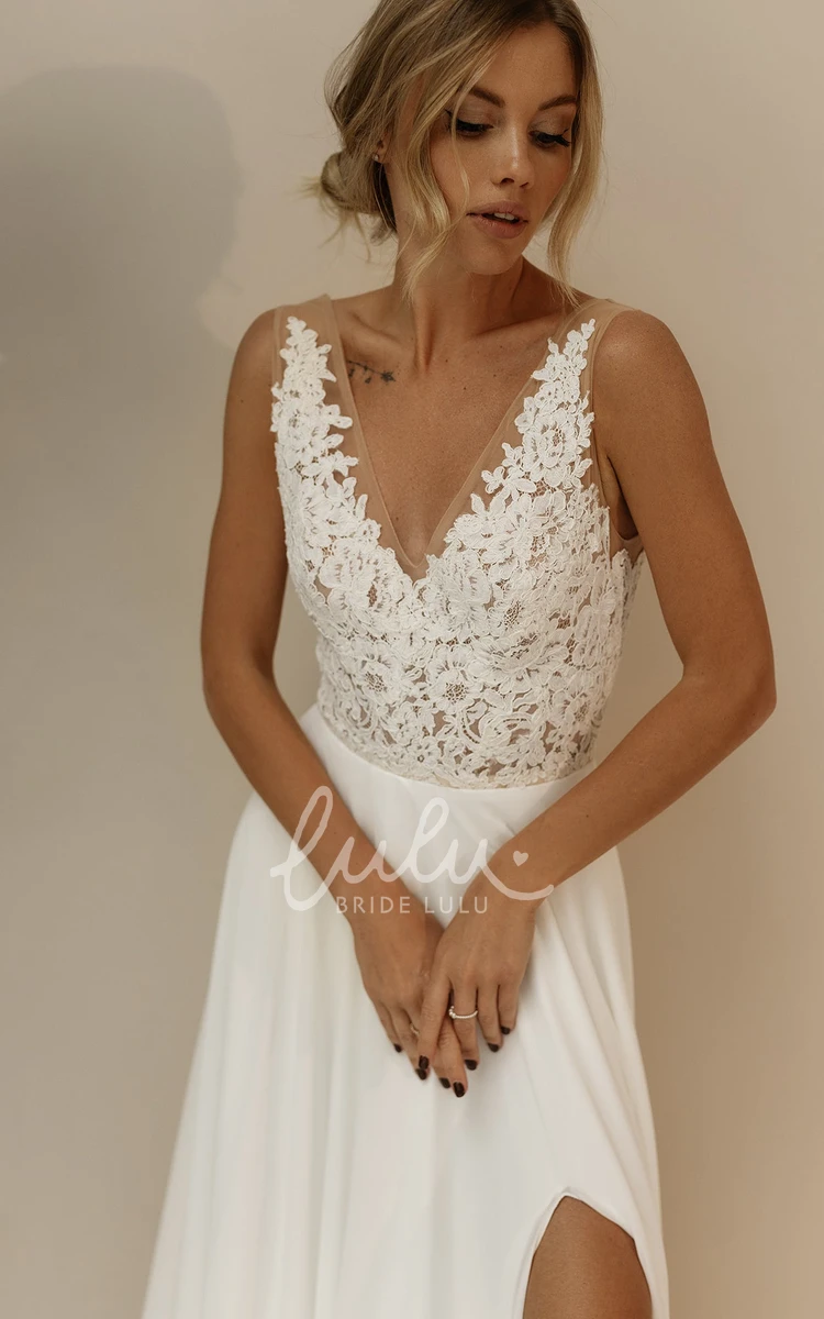 Floral Boho Lace A-Line V-neck Garden Maxi Wedding Dress With Low-V Back And Split Front