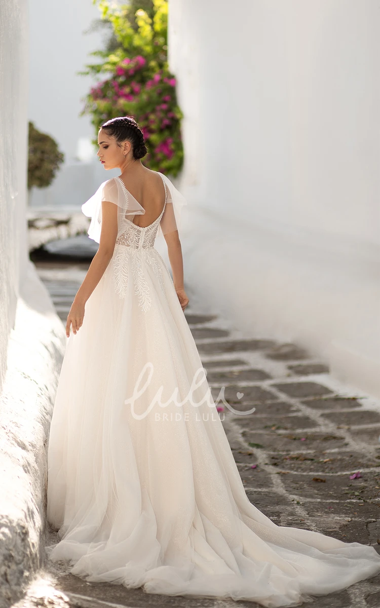 A-Line Plunging V-neck Elegant Floor Length Bride Wedding Dress with Cathedral Train Zipper Back