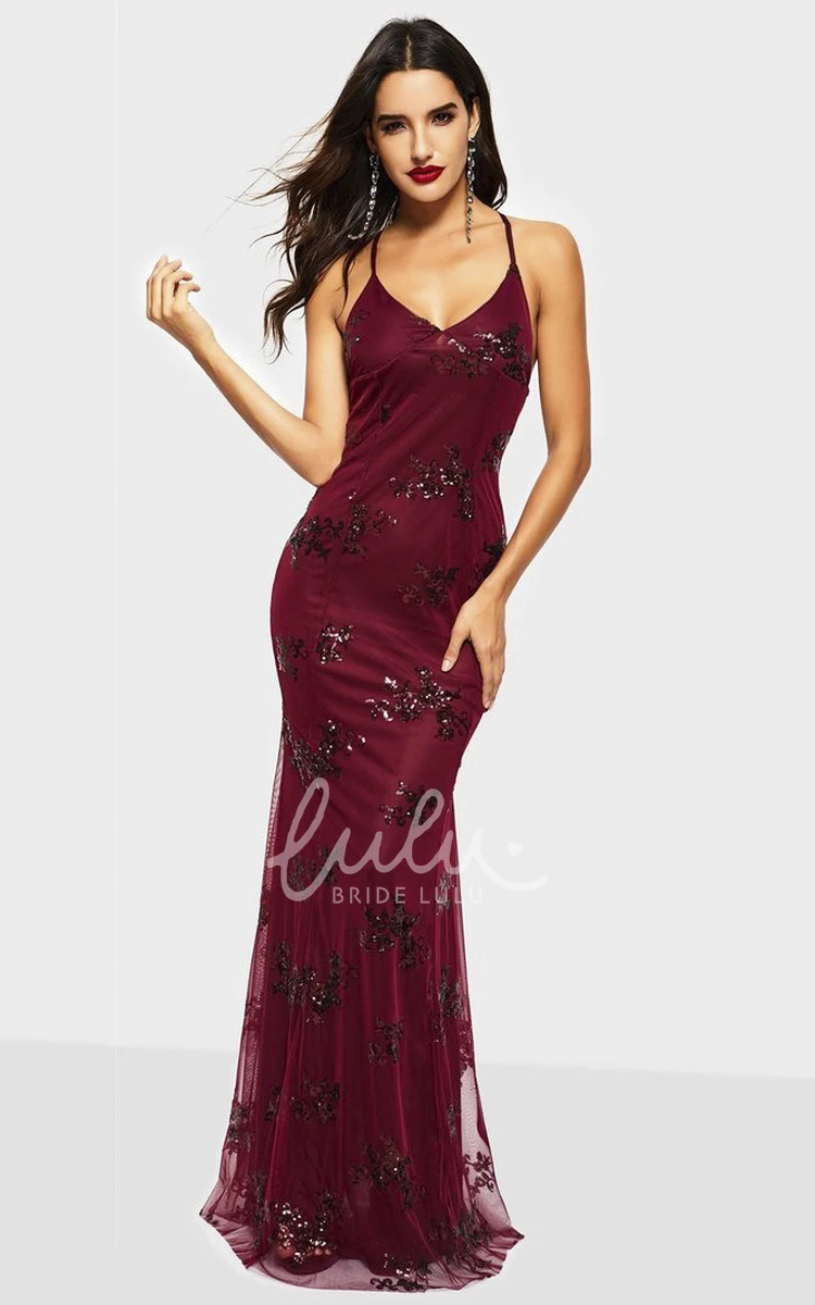 Sexy V-neck Sheath Tulle Formal Dress with Sequin Appliques and Straps