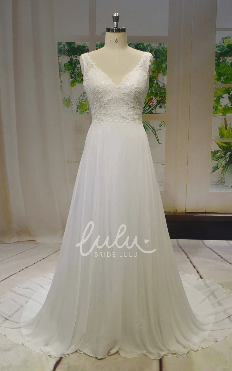 Chiffon A-Line Wedding Dress with Lace Top and V-Neck Sleeveless