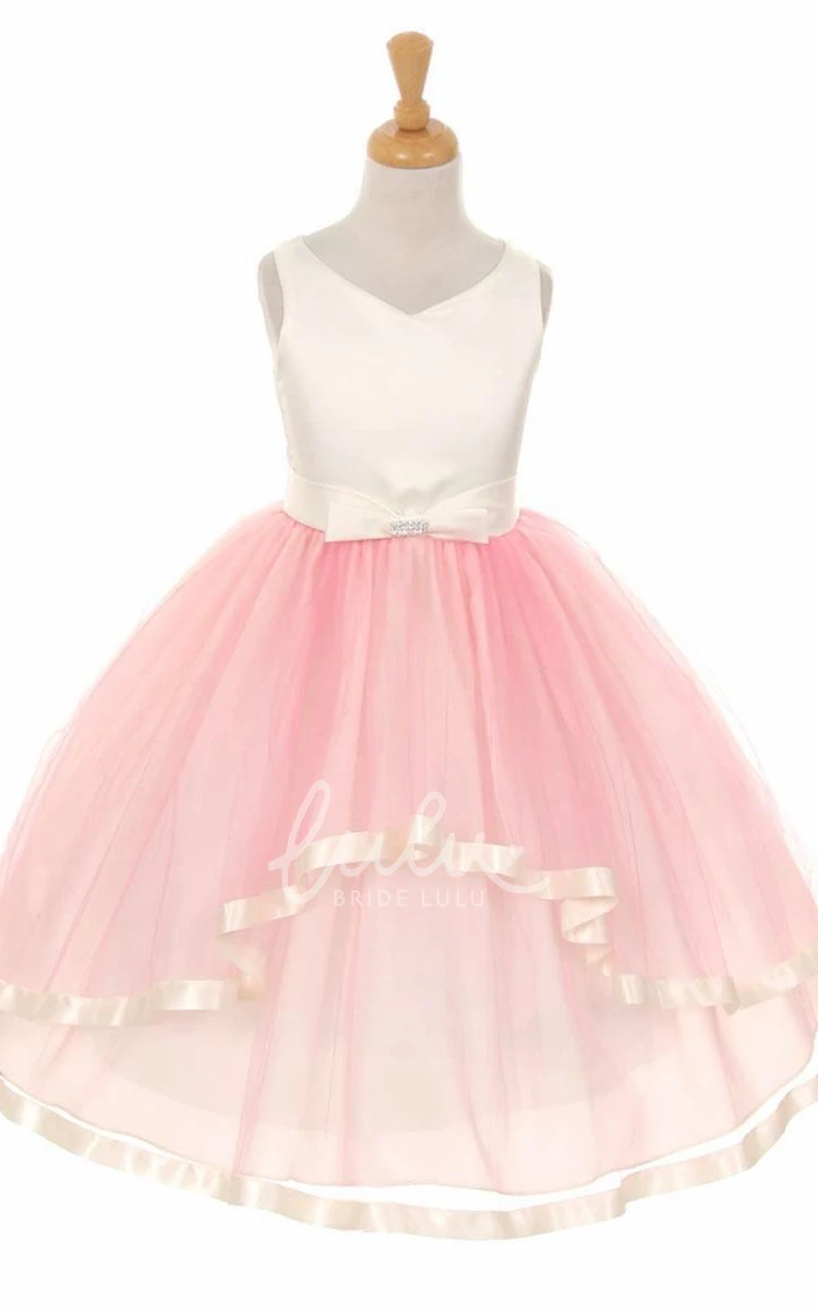 Tiered Tulle Flower Girl Dress with Peplum and Sash Tea-Length