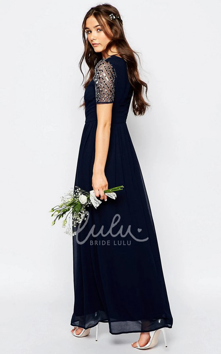 Short-Sleeve Sequined Chiffon Bridesmaid Dress with Pleats Ankle-Length