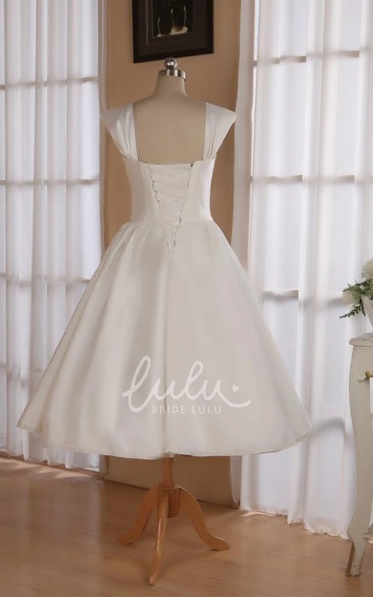 Satin Tea-Length Wedding Dress with Lace-Up Back and Sleeveless Straps