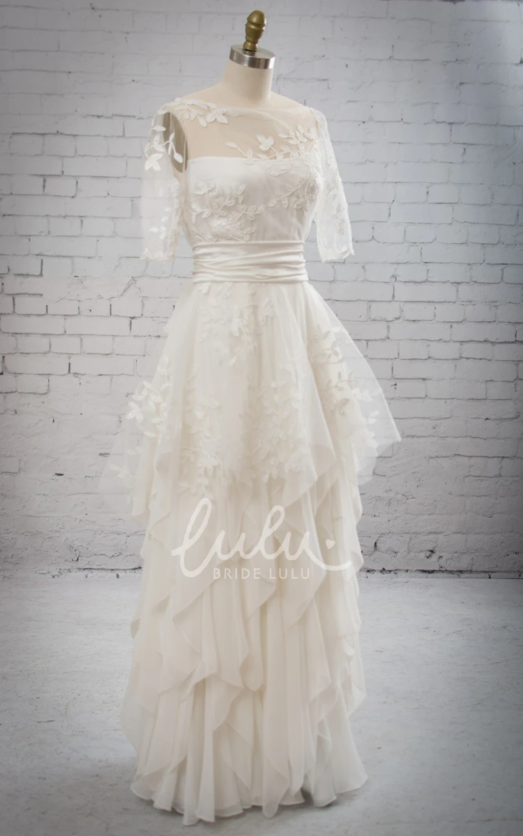 Illusion Neck Cascading Ruffled Dress with Embroidery Peplum Bridesmaid Dress