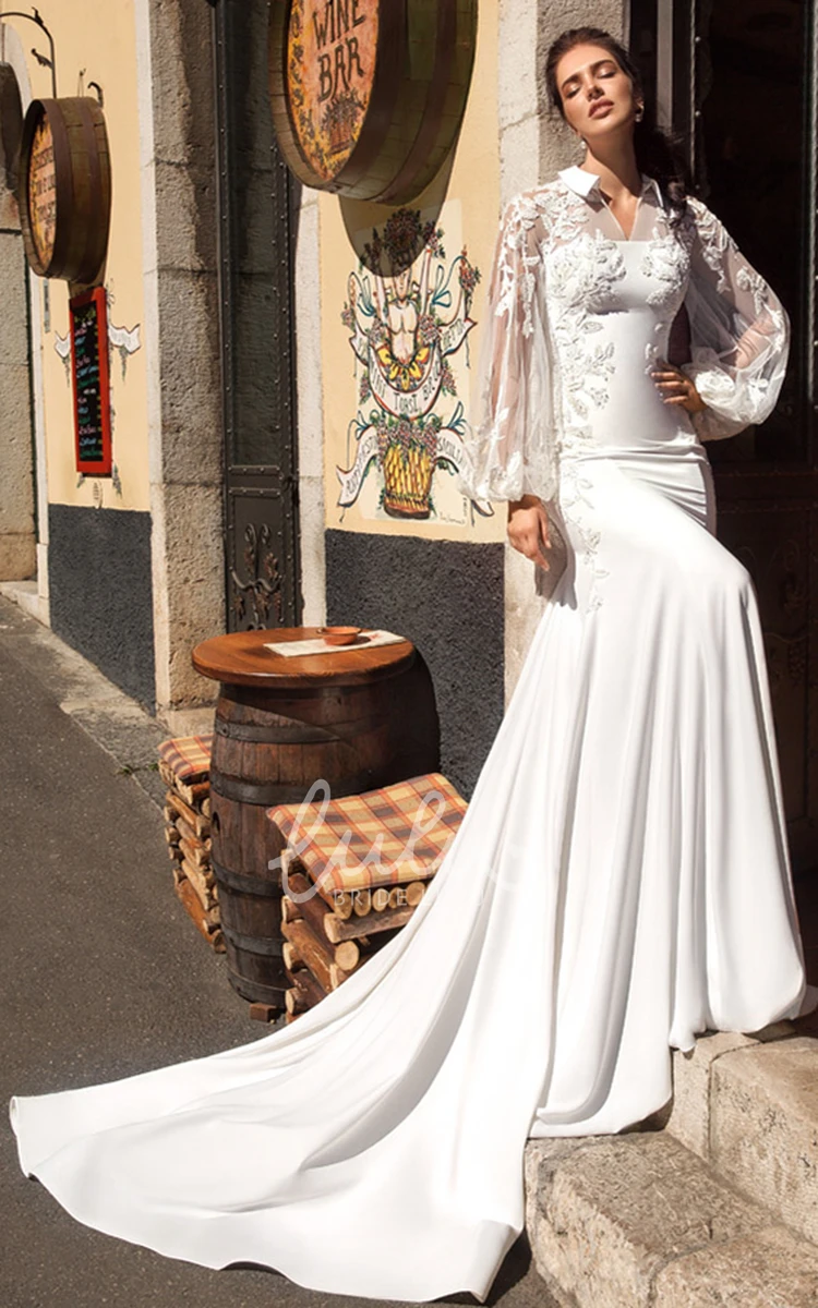 Mermaid Satin Tulle Notched Applique Wedding Dress Modern and Elegant