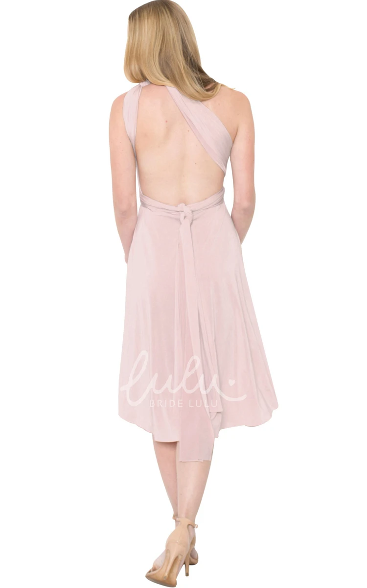 One-Shoulder Ruched Chiffon Bridesmaid Dress Tea-Length Sleeveless Convertible Multi-Color