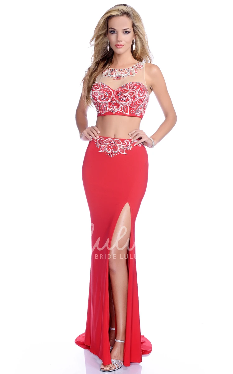 Jeweled Neck and Bust Sleeveless Crop Top Prom Dress with Side Slit Chic Prom Dress