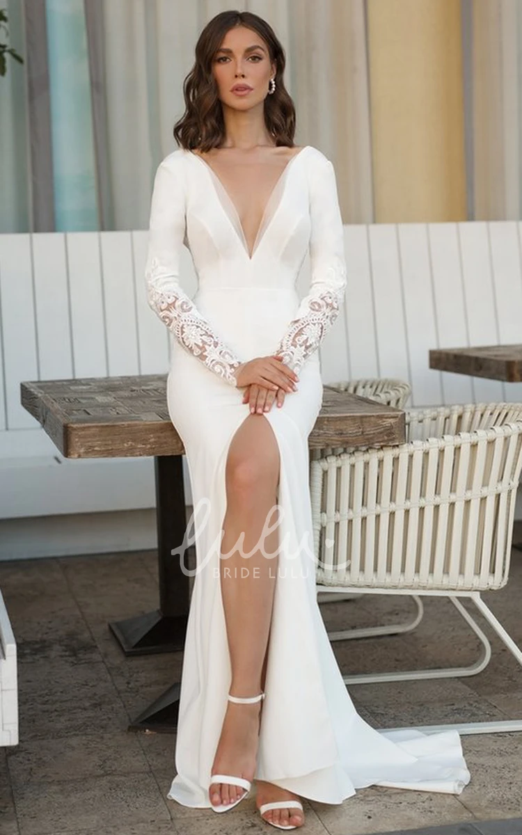 White Modern Long Sleeve Flowy Wedding Dress V-neck Split Backless Sheath Lace Appliques for Women
