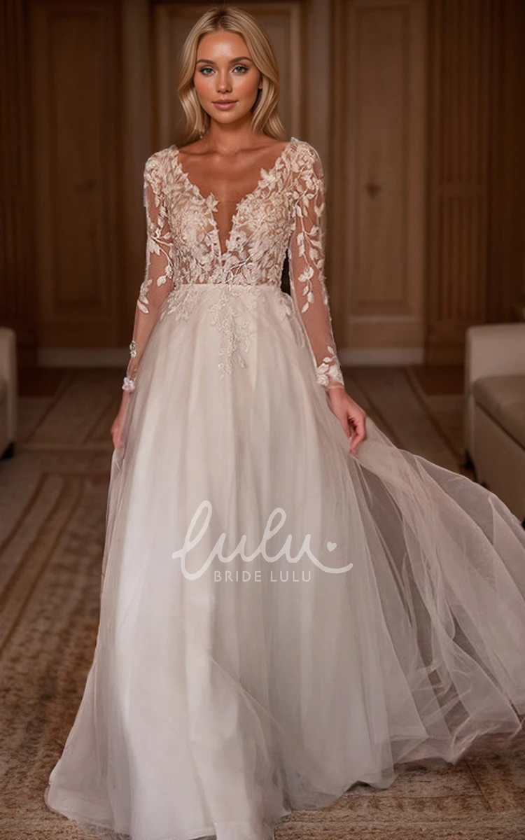 Modern Sexy A-Line Winter Boho Sheer Long Sleeve Wedding Dress Delicate Flowy V-Neck Backless Floor Length Bridal Gown with Appliques