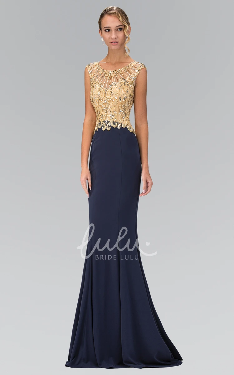 Cap-Sleeve Sheath Prom Dress with Scoop-Neck Beading and Appliques