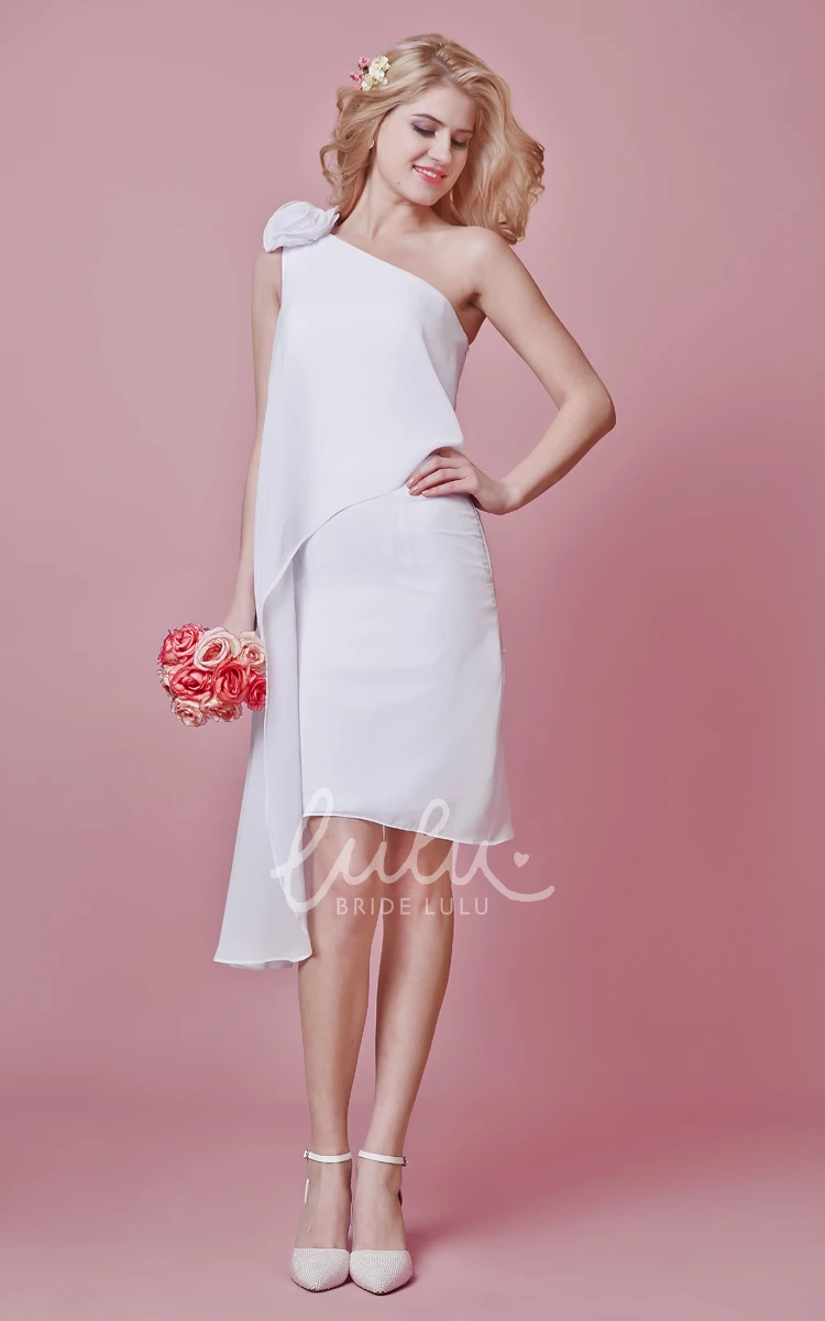 Knee Length One Shoulder Chiffon Wedding Dress with Floral Accent